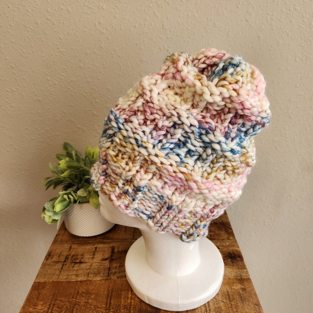 Handmade Heavy Knit Winter Hat Colorful Pastel Pattern
